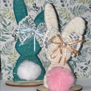 Decorative Yarn Bunny Set Cream pink Teal Easter spring table top decor NEW
